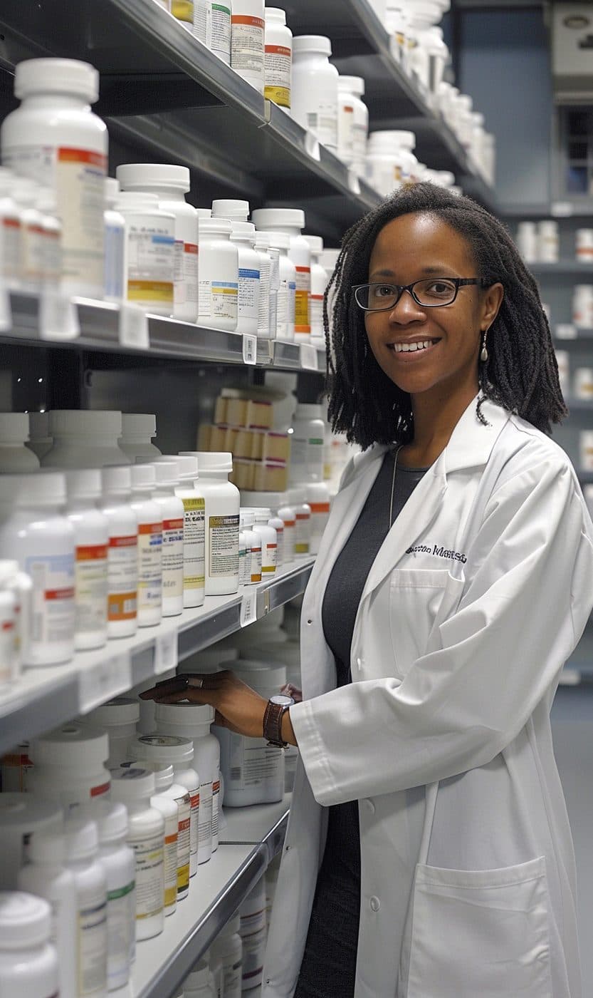 Pharmacienne consultant son stock de médicaments